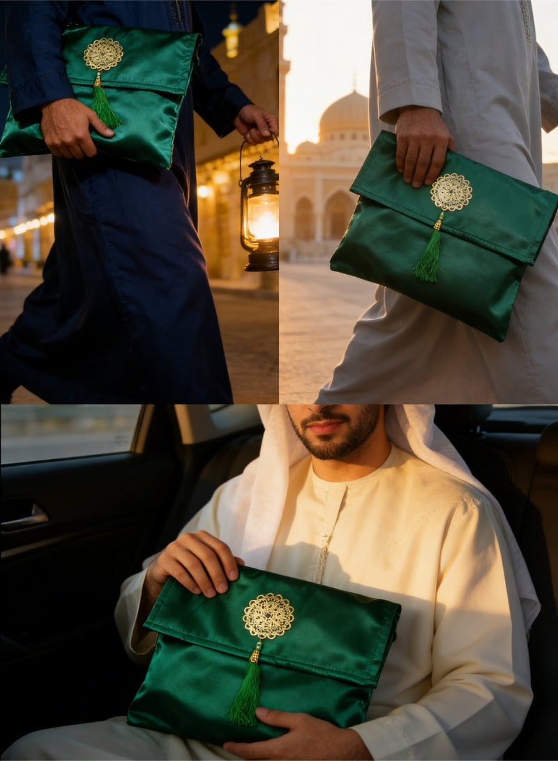 AuliceVerse Ramadan Gift Muslim Prayer Rug and Beads Set with Portable Slub Fabric Bag | Janamaz Sajadah Soft Islamic Prayer Mat gift set in Green - Image 3